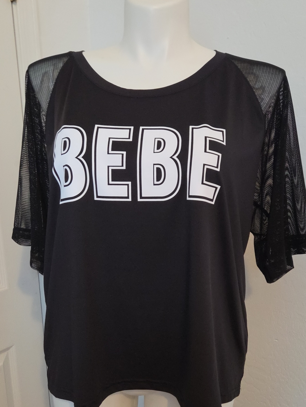 bebe Black Tee with White Logo and Mesh Short Sleeves